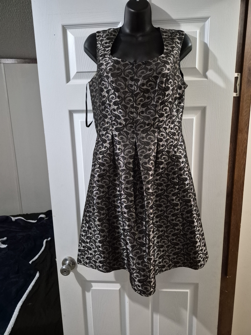 Silver and Black Brocade Maxi Dress with Square Neck